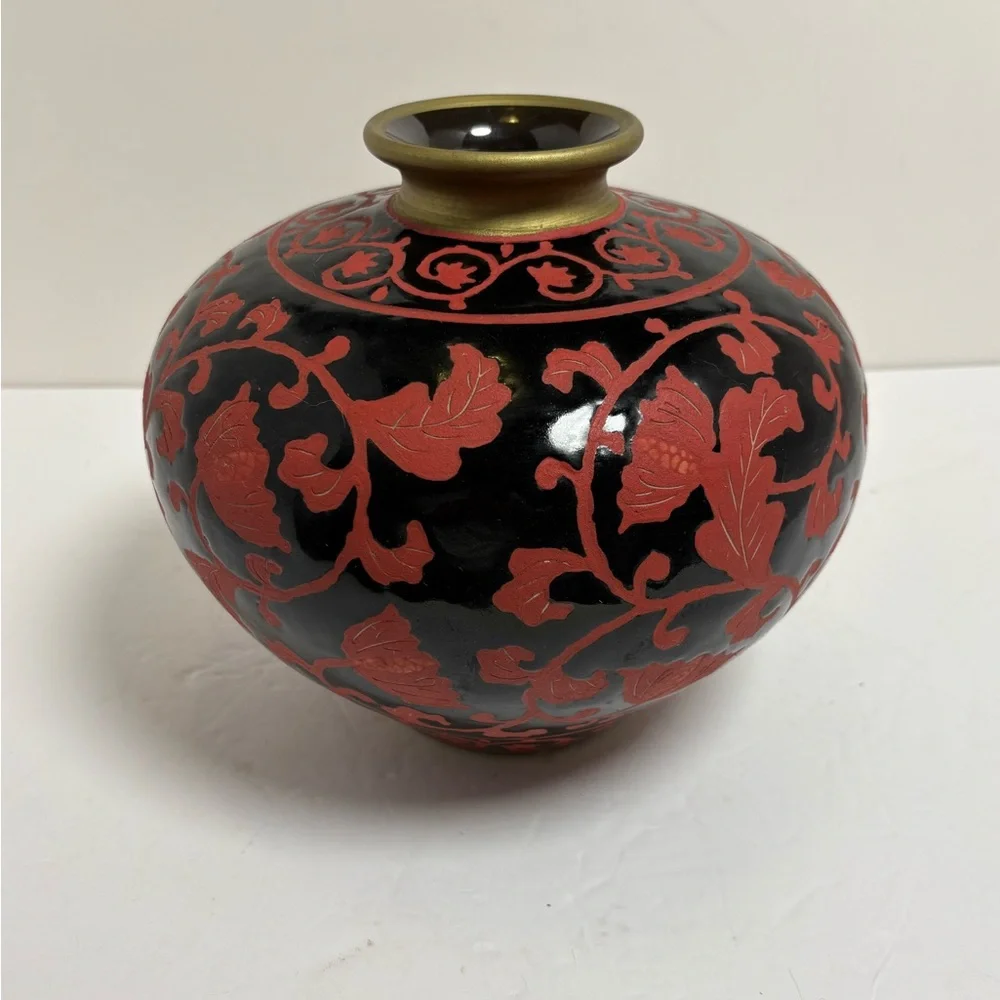 Vintage Hand Enameled Black on Red Floral Porcelain Round Decorarive Vase